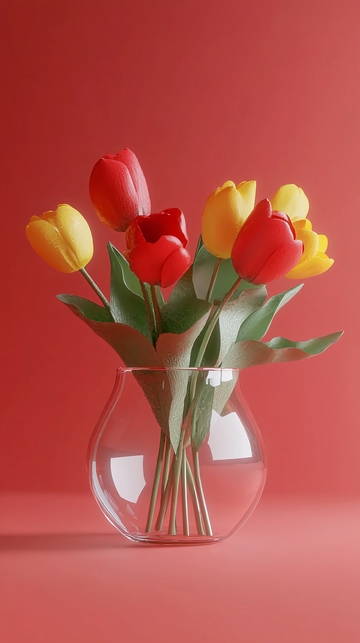 红色背景郁金香花束