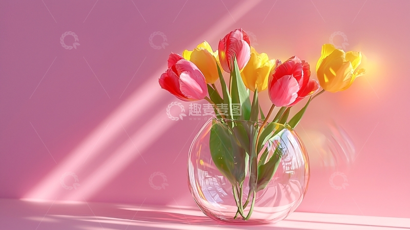 高清大图下载【趣麦麦图】粉色背景下郁金香花束