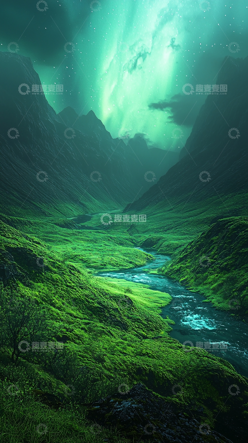 高清大图下载【趣麦麦图】极光下的绿色山谷