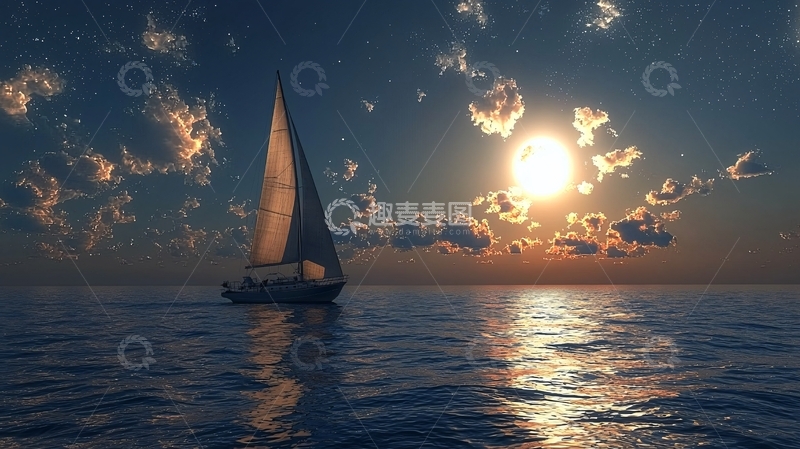 高清大图下载【趣麦麦图】海上帆船日落风景如画