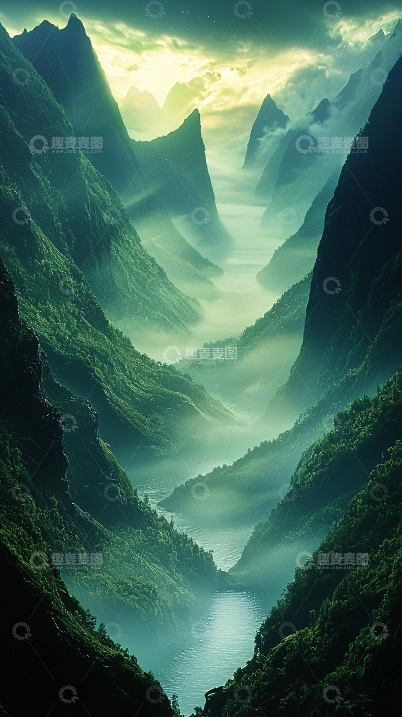 高清大图下载【趣麦麦图】山谷河流雾气环绕