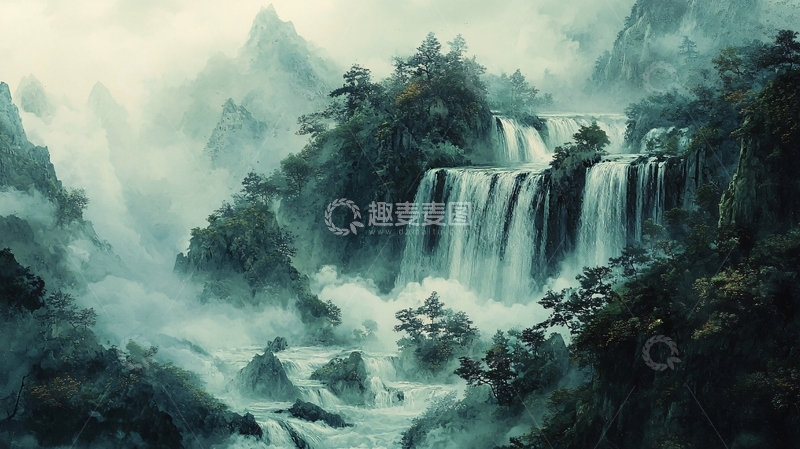 高清大图下载【趣麦麦图】雾气缭绕的山间瀑布