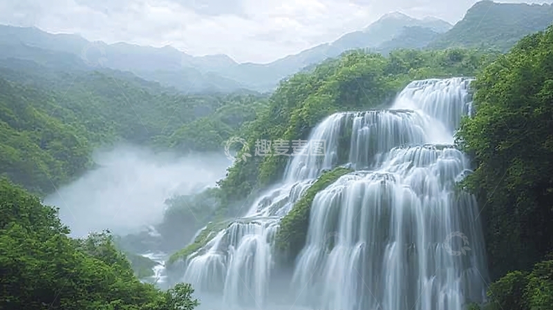 高清大图下载【趣麦麦图】壮丽的绿色瀑布山景