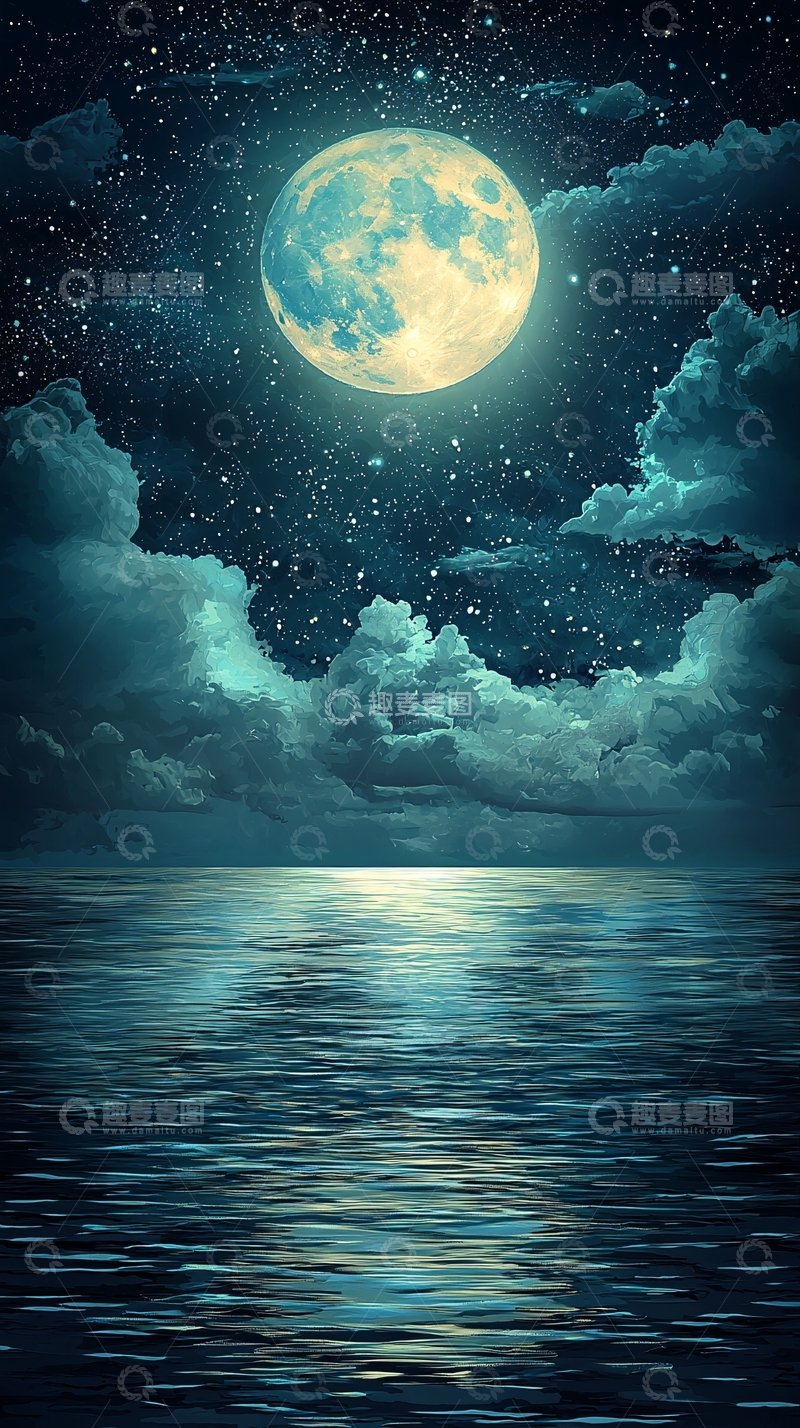 高清大图下载【趣麦麦图】满月下的宁静海面