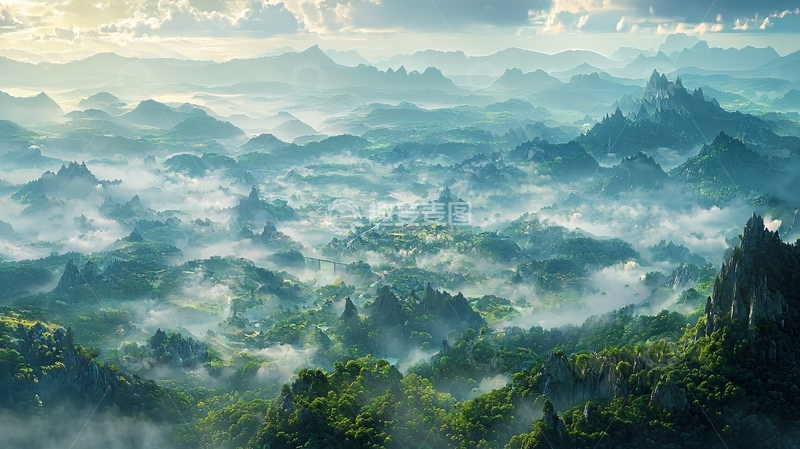 高清大图下载【趣麦麦图】云雾缭绕的山峦景色