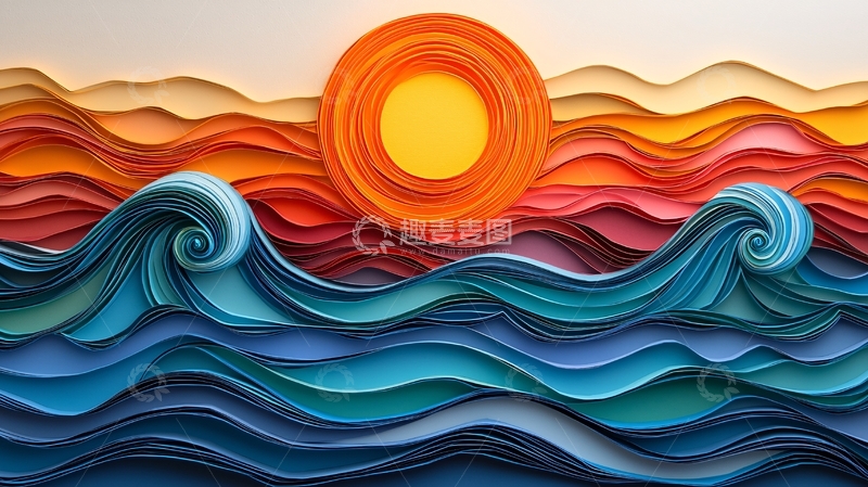 高清大图下载【趣麦麦图】彩色纸艺海浪日落