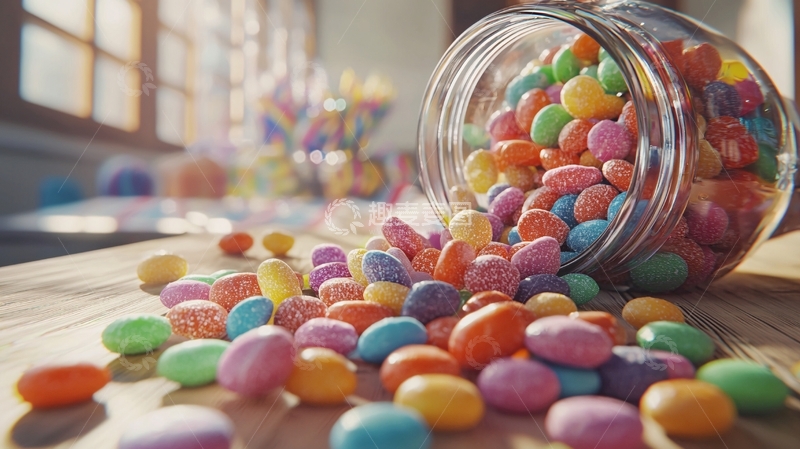 高清大图下载【趣麦麦图】彩色糖果洒出玻璃瓶