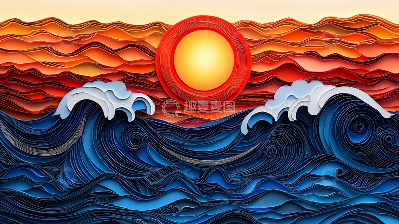 高清大图下载【趣麦麦图】纸艺日出海浪图