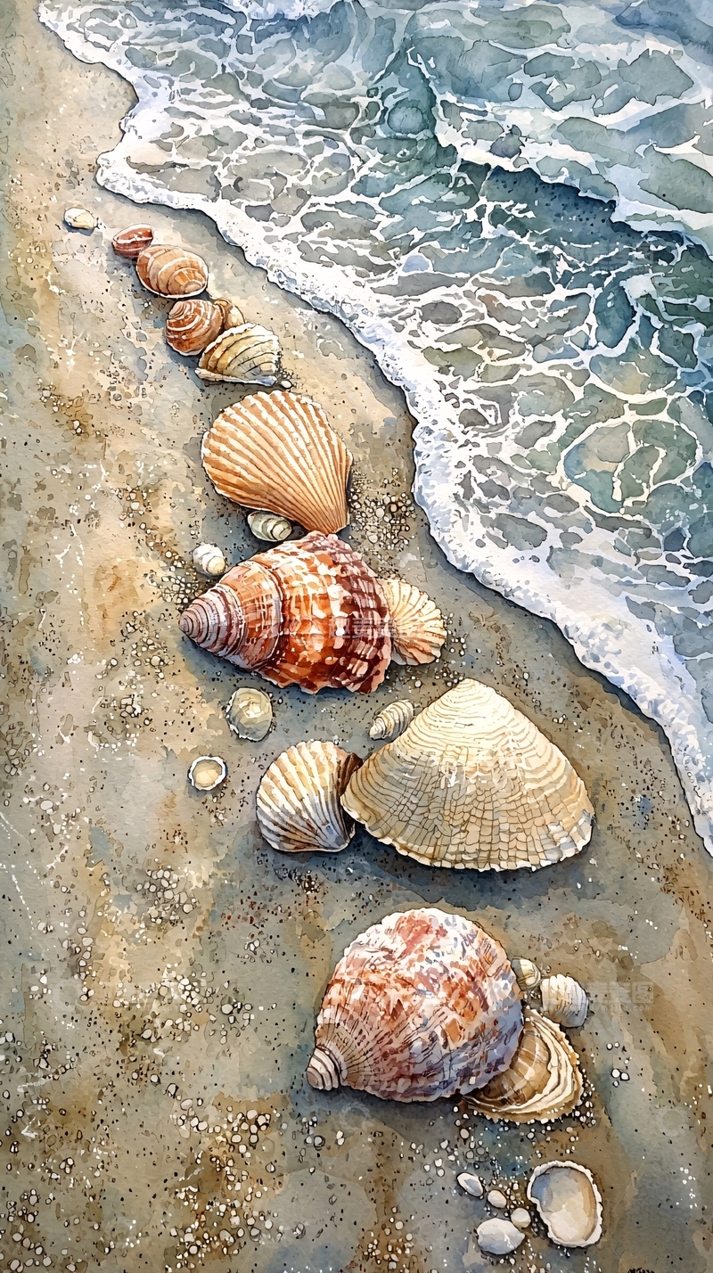 高清大图下载【趣麦麦图】海滩上的贝壳水彩画