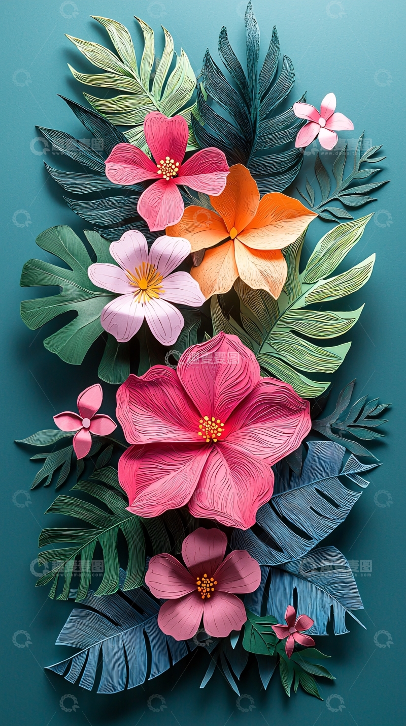高清大图下载【趣麦麦图】热带花卉绿叶拼贴画