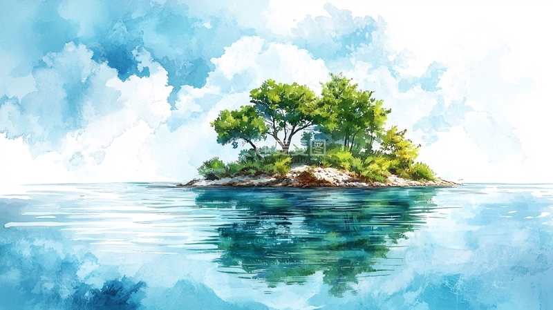 高清大图下载【趣麦麦图】水面上的小岛与蓝天白云