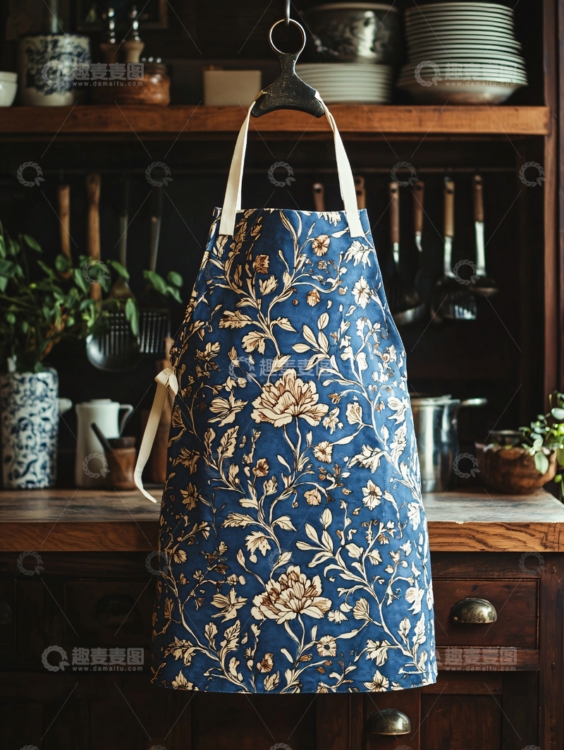高清大图下载【趣麦麦图】蓝色花卉围裙