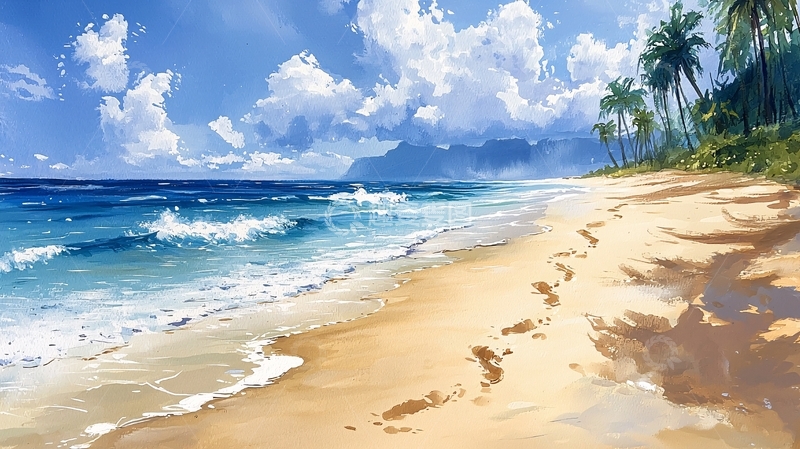高清大图下载【趣麦麦图】阳光沙滩椰树海浪的场景