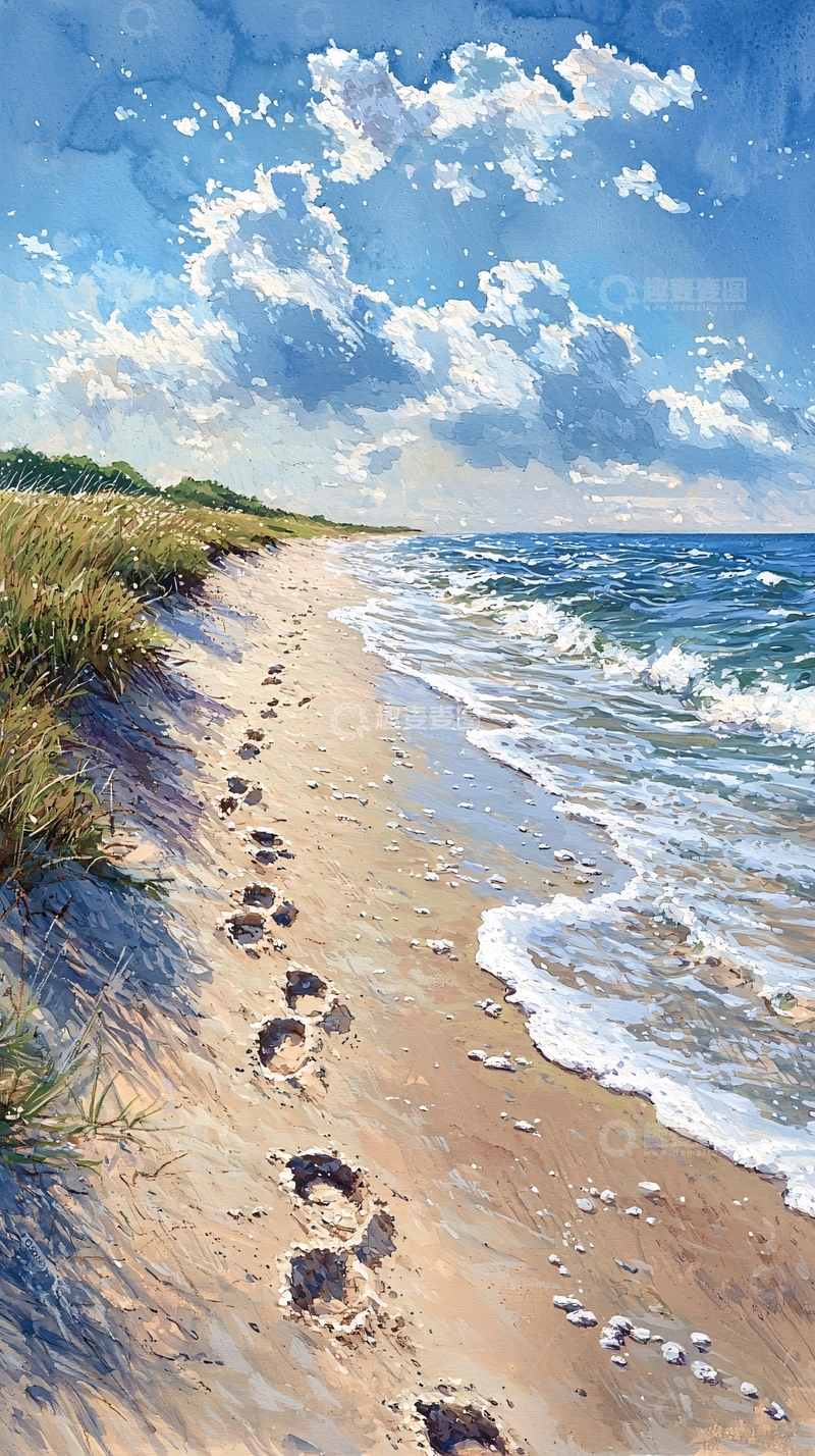 高清大图下载【趣麦麦图】海滩水彩脚印风景