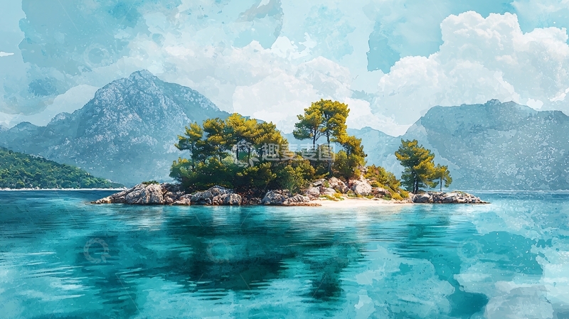 高清大图下载【趣麦麦图】岛屿水景山脉远景