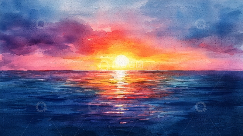 高清大图下载【趣麦麦图】水彩日落海景