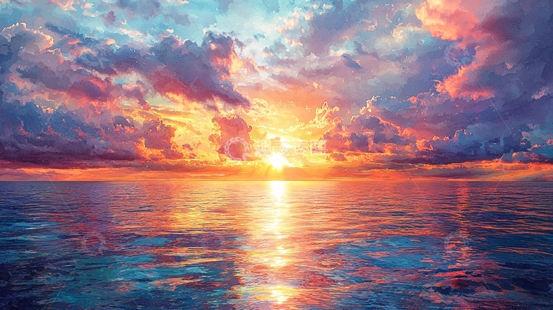 高清大图下载【趣麦麦图】彩色云彩下的海边日落