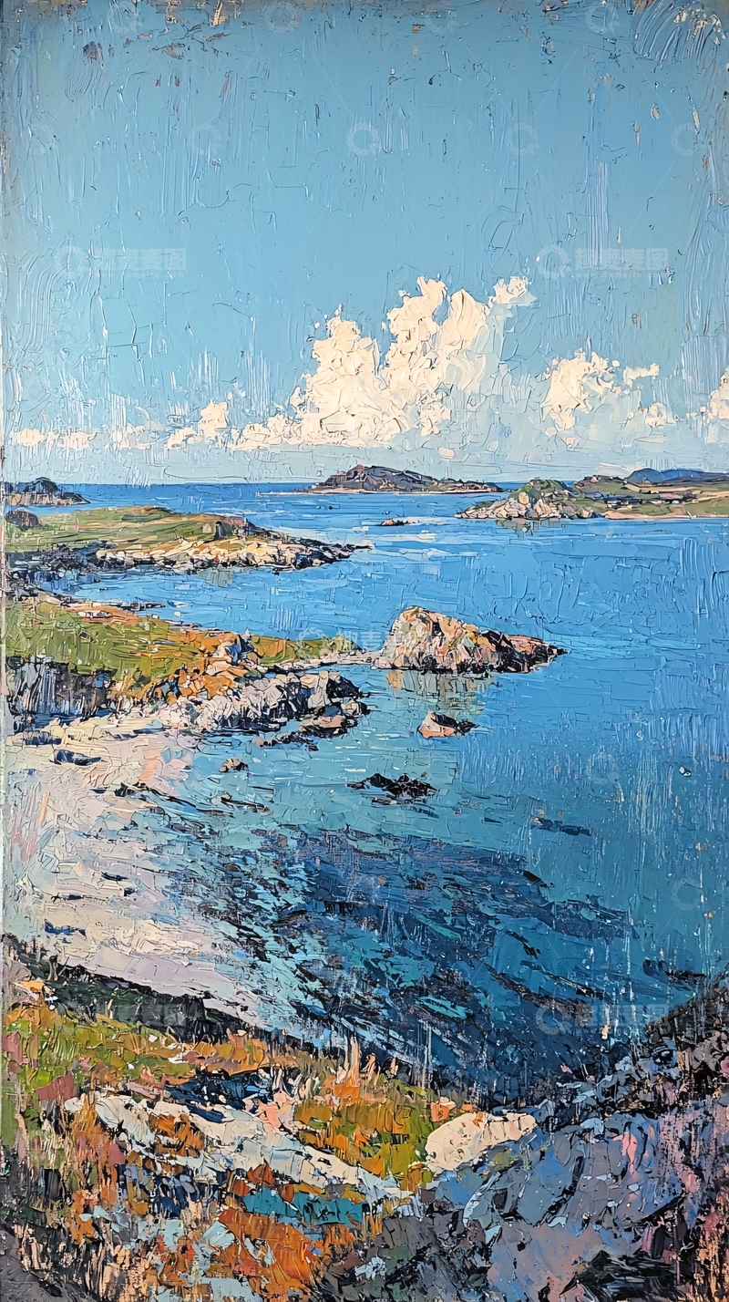 高清大图下载【趣麦麦图】海边岩石浅滩水彩绘画
