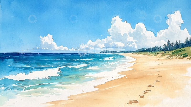 高清大图下载【趣麦麦图】水彩风格海滩风景