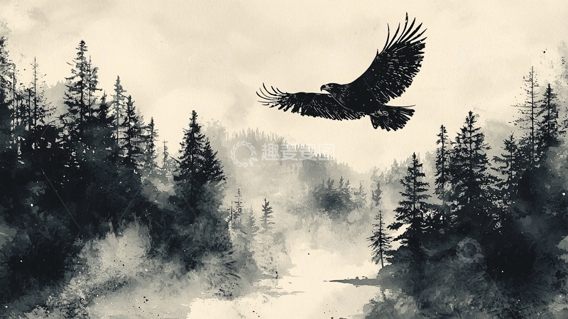 高清大图下载【趣麦麦图】飞鹰翱翔于山林之上