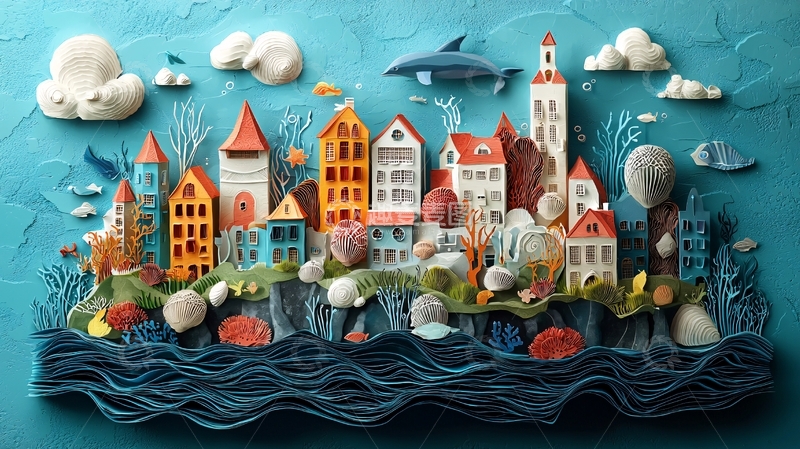 高清大图下载【趣麦麦图】粘土卡通海边小镇