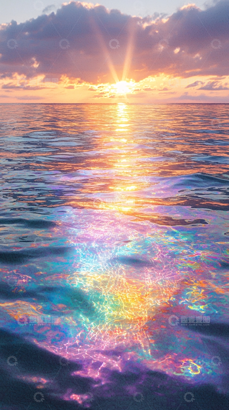 高清大图下载【趣麦麦图】海面日出彩虹光辉