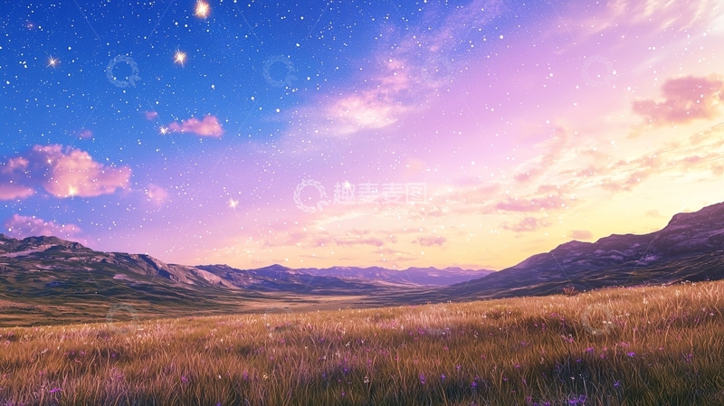 高清大图下载【趣麦麦图】星空下的山谷草原