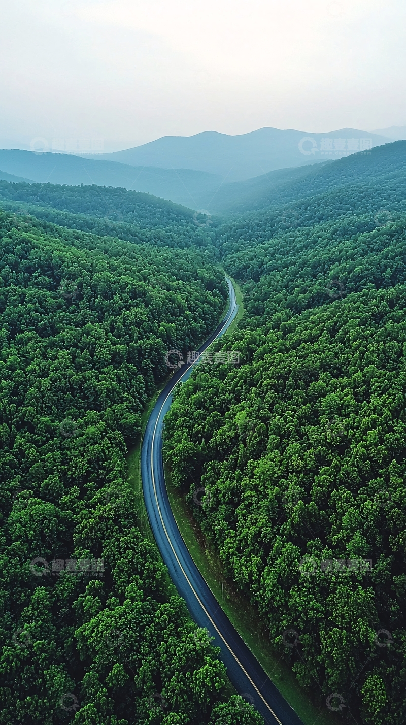 高清大图下载【趣麦麦图】山路蜿蜒穿过绿意葱茏的山谷