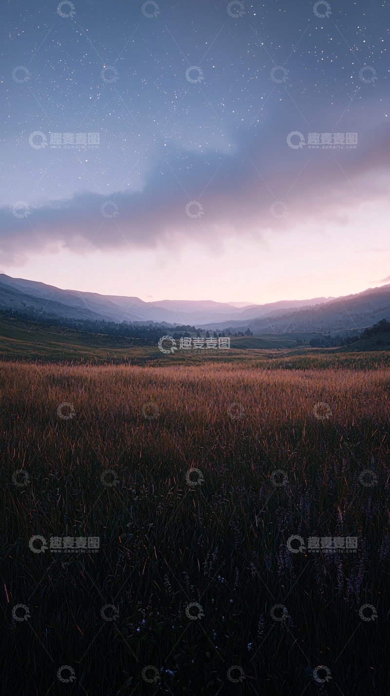 高清大图下载【趣麦麦图】黄昏草原星空下的宁静
