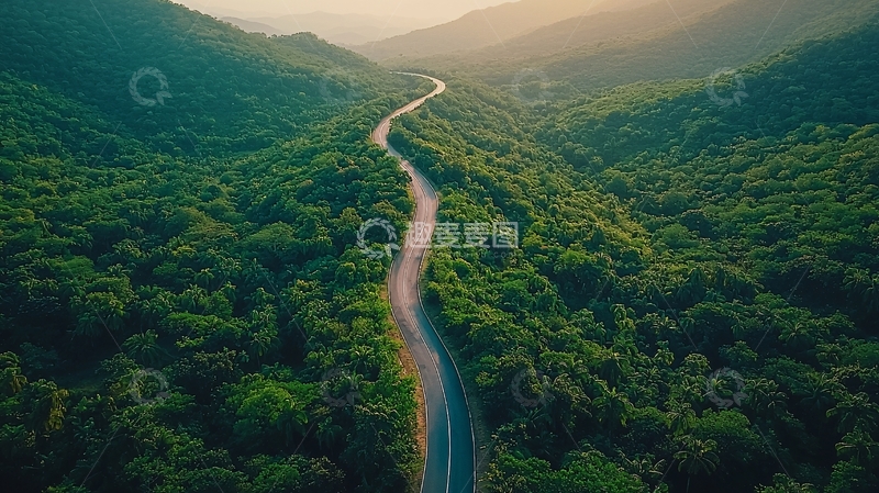 高清大图下载【趣麦麦图】蜿蜒公路穿梭于绿色森林中