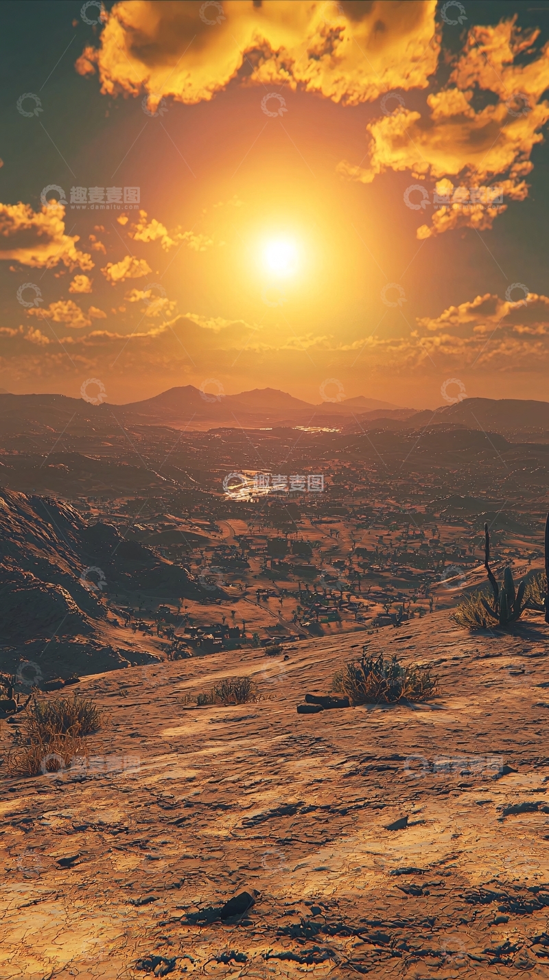 高清大图下载【趣麦麦图】落日余晖下的荒凉山谷