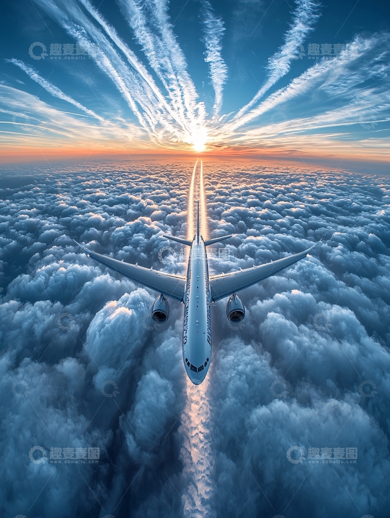 高清大图下载【趣麦麦图】飞机穿越云层日出景象