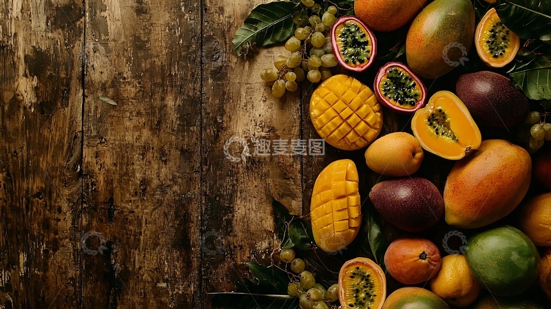 高清大图下载【趣麦麦图】木质背景上的热带水果