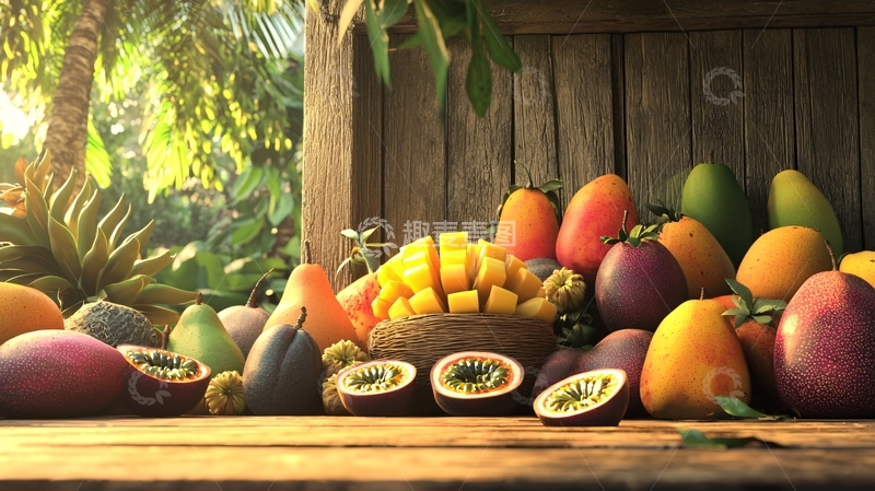 高清大图下载【趣麦麦图】阳光下木箱里的热带水果