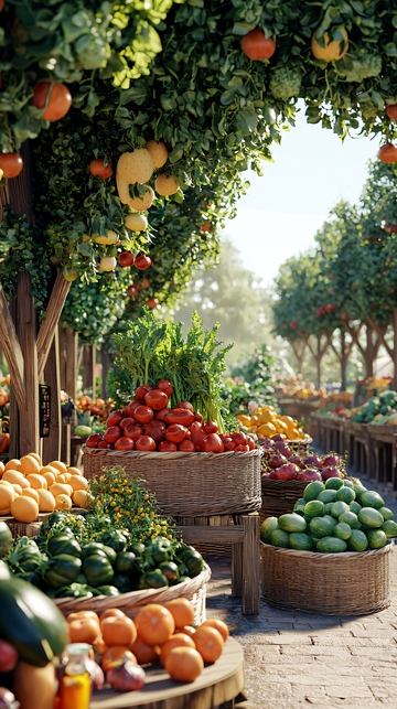 阳光下琳琅满目的水果蔬菜