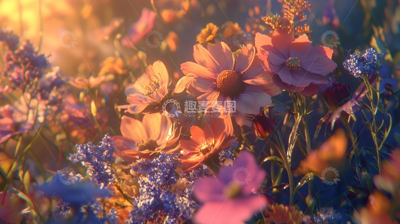 高清大图下载【趣麦麦图】夕阳下盛开的粉色花田