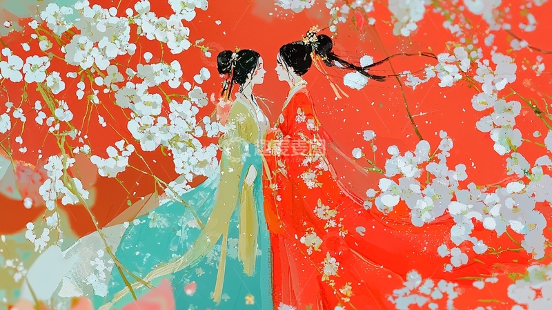 高清大图下载【趣麦麦图】红衣女子与红花背景