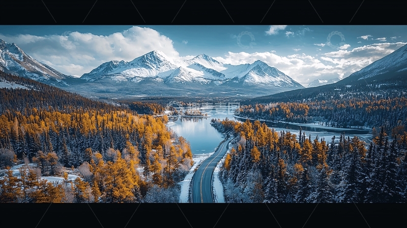 高清大图下载【趣麦麦图】雪山下的森林河流公路