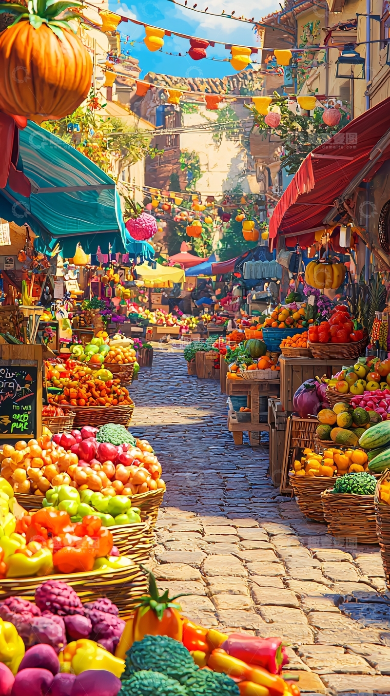 高清大图下载【趣麦麦图】色彩鲜艳的水果蔬菜集市