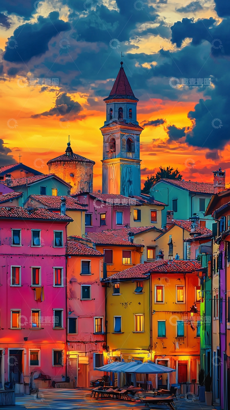高清大图下载【趣麦麦图】彩色小镇夜景