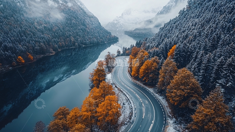 高清大图下载【趣麦麦图】山间公路与河流的秋季景色