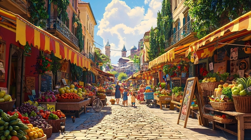 高清大图下载【趣麦麦图】阳光下的水果市场