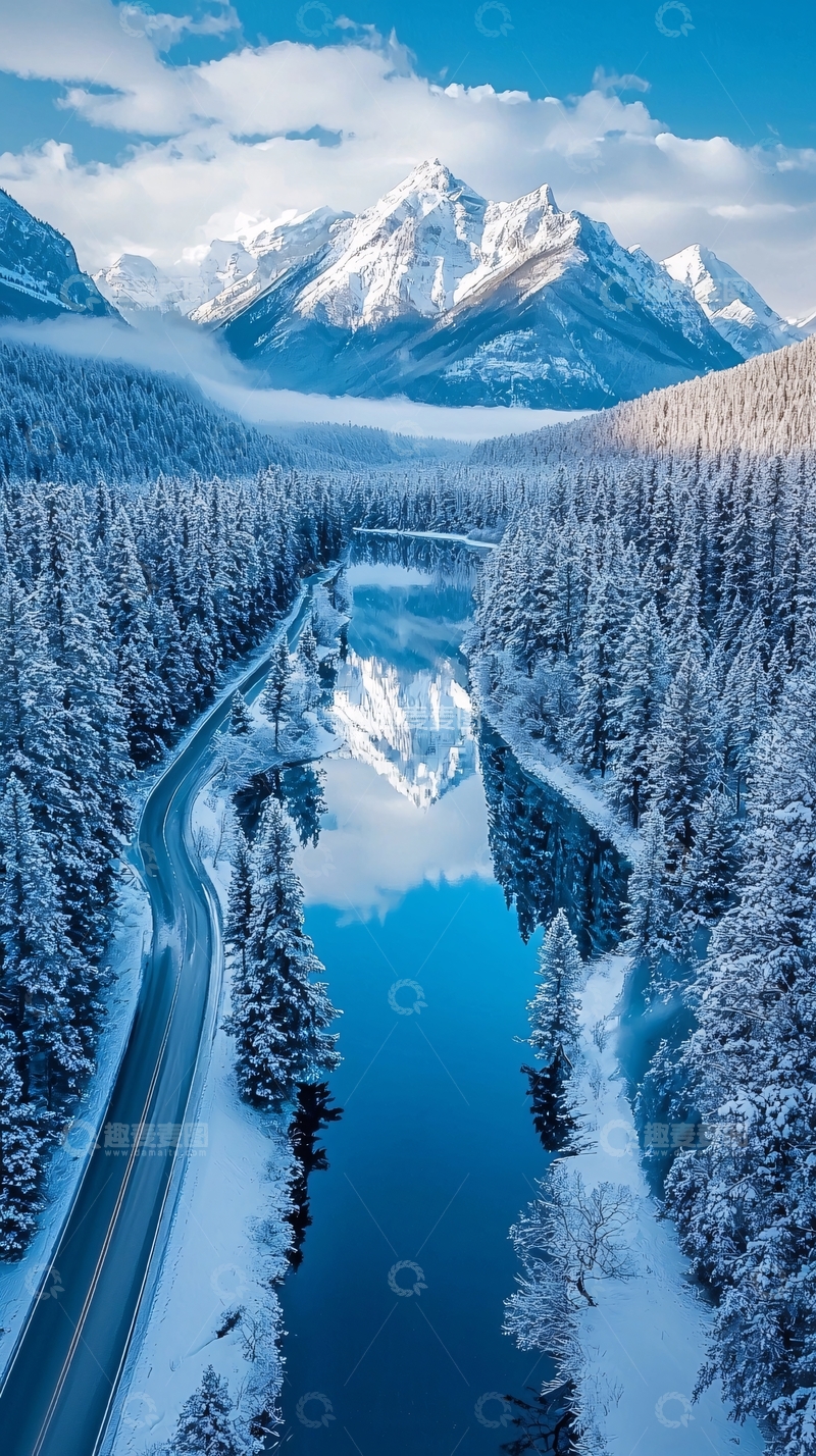高清大图下载【趣麦麦图】冬季雪山森林河流道路