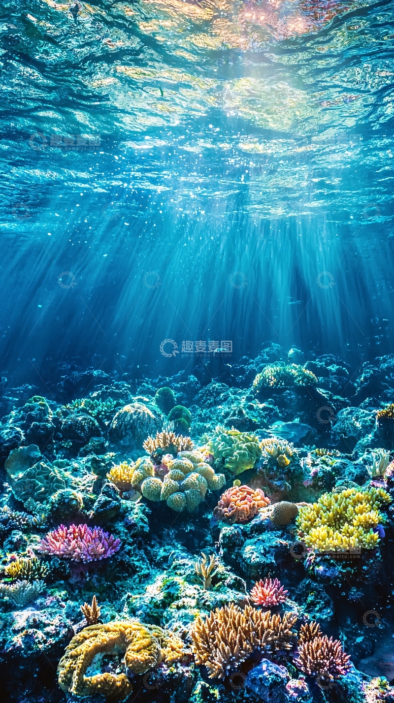 高清大图下载【趣麦麦图】阳光透过海水照射珊瑚礁