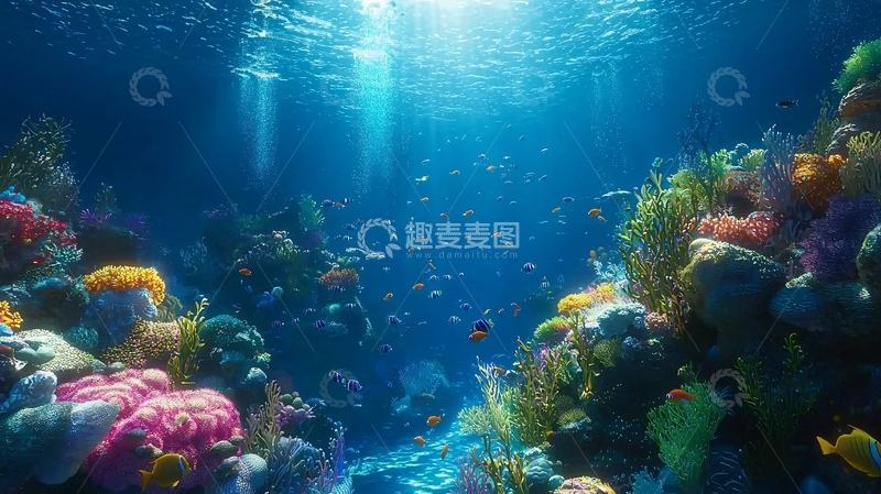 高清大图下载【趣麦麦图】阳光透过海水照射珊瑚礁