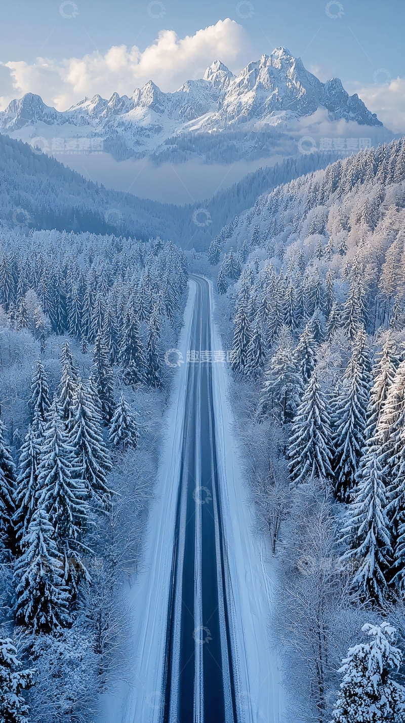 高清大图下载【趣麦麦图】雪山森林公路风景如画