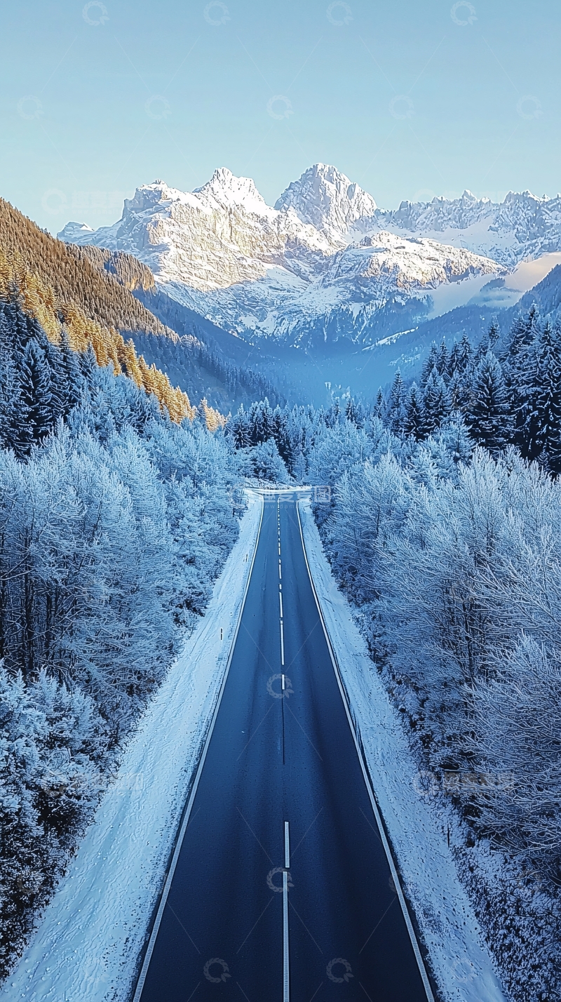 高清大图下载【趣麦麦图】冰雪覆盖的山间公路