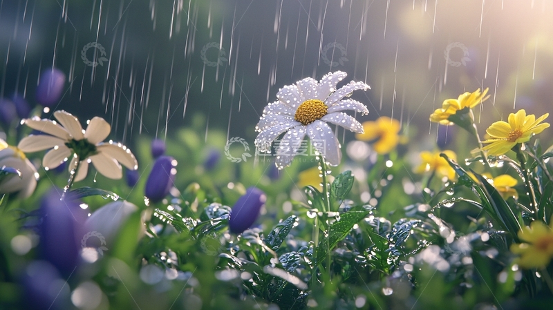 高清大图下载【趣麦麦图】雨中盛开的雏菊花田