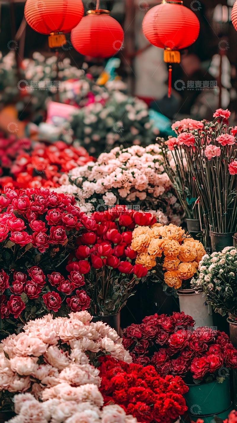 高清大图下载【趣麦麦图】鲜花市场红灯笼