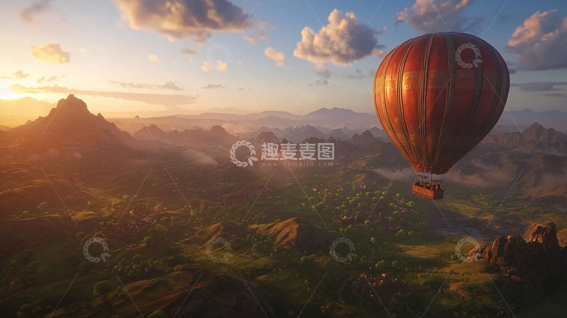 高清大图下载【趣麦麦图】热气球日落山脉景色